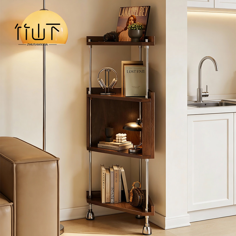 实木转角置物架三角转角柜一体靠墙收纳架家用客厅中古多层储物架