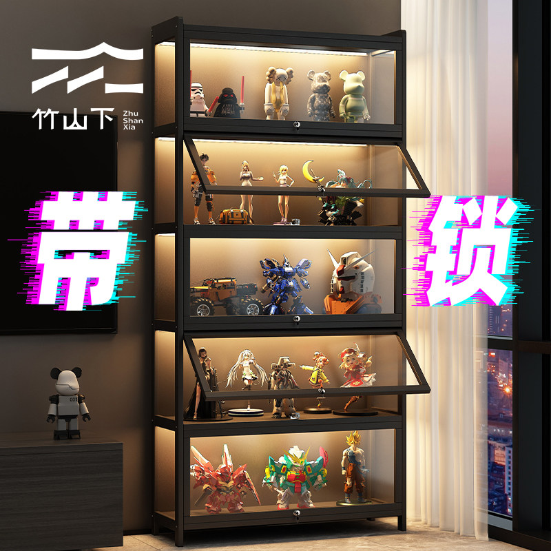 手办展示柜带锁落地带灯亚克力透明置物架家用多层模型玩具收纳柜