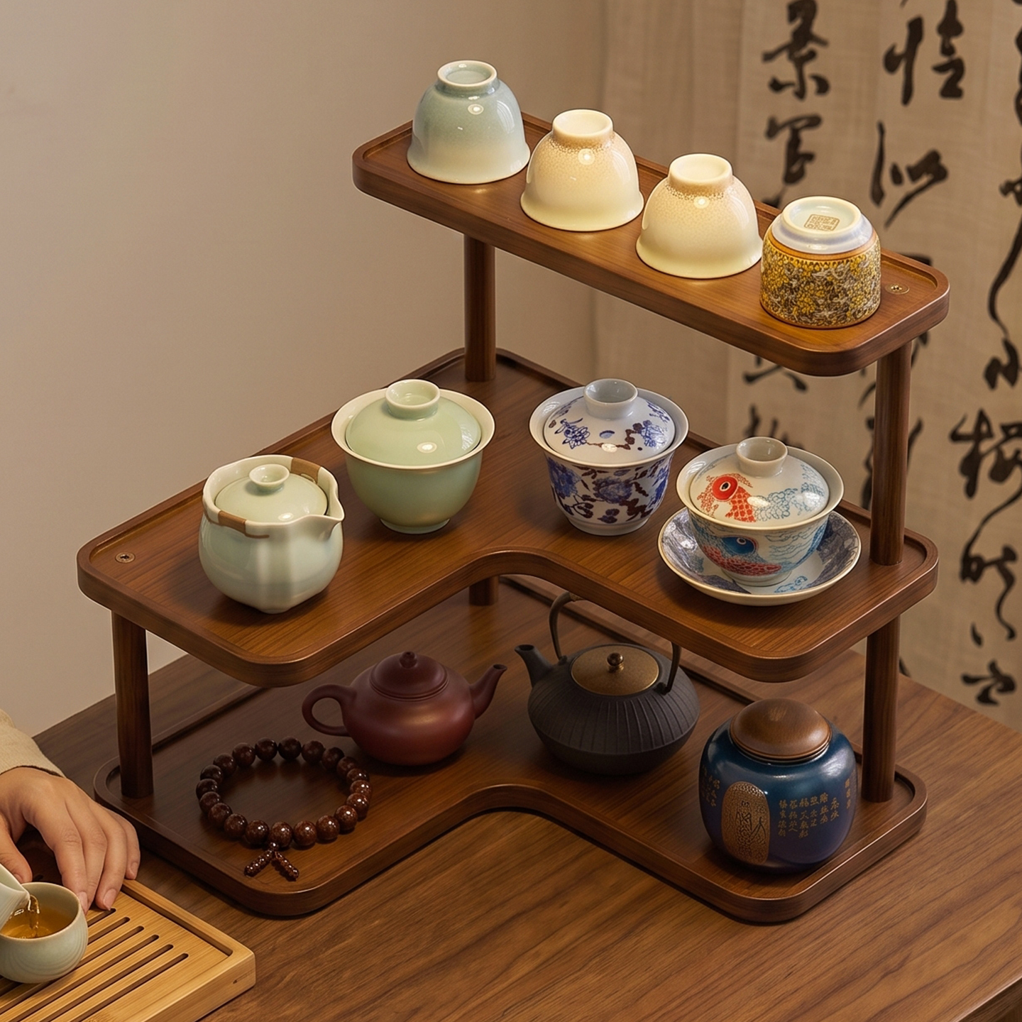 杯子收纳置物架桌面茶杯茶具收纳展示架茶叶中式博古架多宝阁杯架