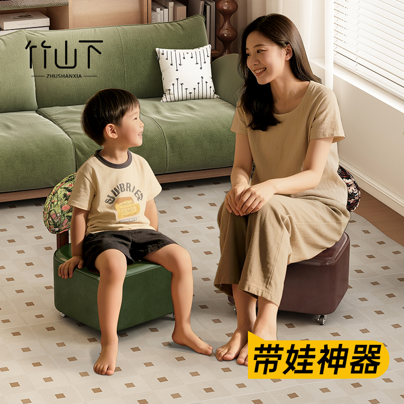 万向小凳子滑轮静音矮凳家用门口复古小椅子靠背沙发凳实木坐凳
