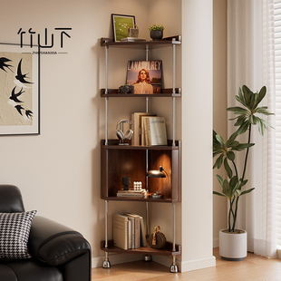 转角置物架实木角柜一体靠墙三角柜客厅高级感中古风展示柜收纳柜