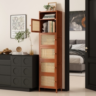 书柜带柜门一体夹缝防尘高窄柜实木书架客厅墙边立式置物柜收纳柜
