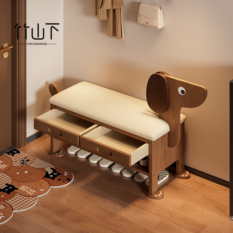 实木小狗换鞋凳门口家用穿鞋凳高端入户门中古风储物进门可坐鞋柜,住宅家具,换鞋凳,淘宝优惠券,粉丝福利购,淘宝优惠卷
