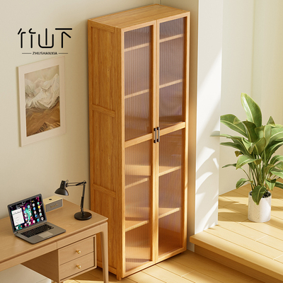 书架多层简易带玻璃门防尘置物架一体靠墙家用客厅展示柜实木书柜