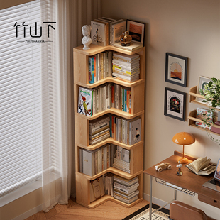 实木转角书架落地置物架一体靠墙可移动拐角收纳柜客厅儿童小书柜