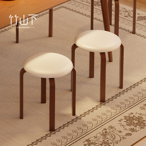 【可叠放不占地】实木软包圆凳