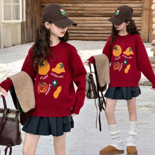 女童红色毛衣新中式拜年服儿童