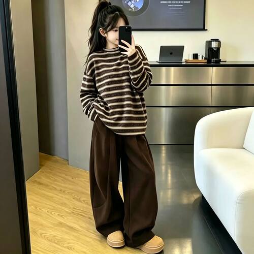 女童春秋韩版条纹卫衣阔腿裤套装