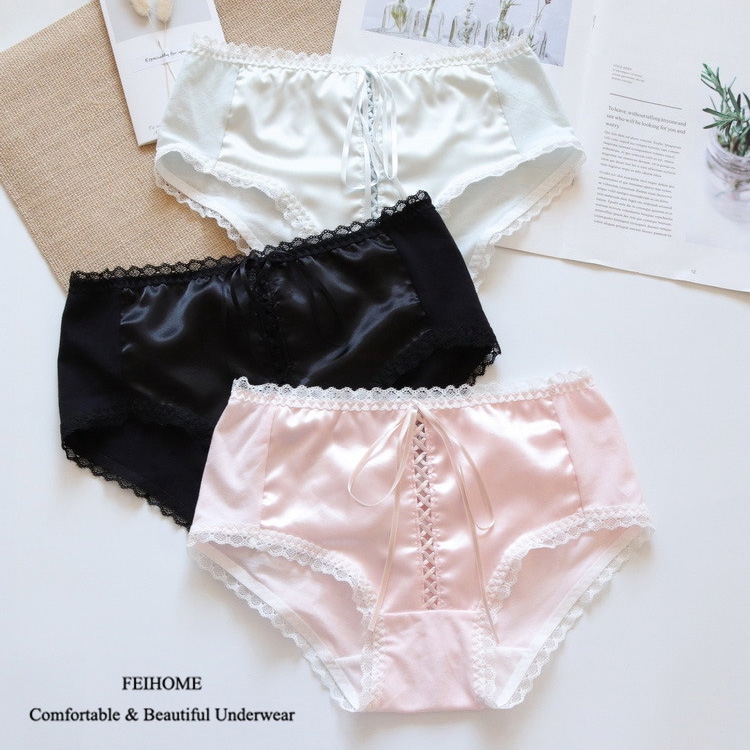 舒适中腰纯棉拼缎布精致内裤
