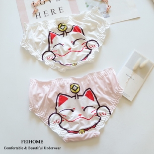 N436女士中低腰牛奶丝可爱招财猫带小铃铛春夏季 透气女生内裤