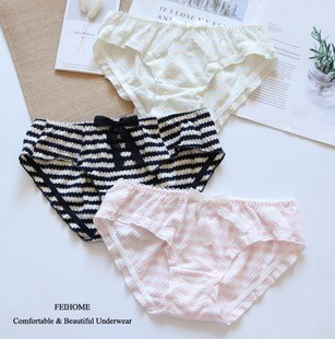 大码 短裤 女式 N377舒适女士中低腰纯棉全棉透气棉条纹可爱女生内裤