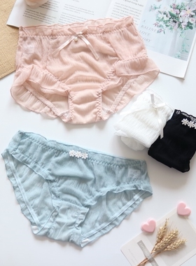 N578舒适女士低腰中腰褶皱网纱蕾丝面料性感透气女生内裤M/L/XL