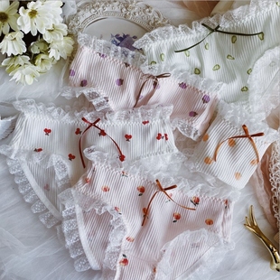 N639女士中腰螺纹纯棉水果印花女式 蕾丝花边女生内裤 短裤