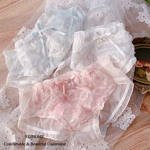 内裤 N676女士中低腰轻盈透气立体花朵漂亮性感薄网纱蕾丝女式 大码