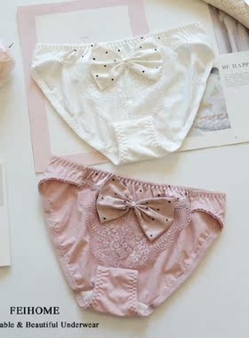 N459舒适女士中低腰纯棉拼蕾丝性感大蝴蝶结可爱女生内裤 M/L/XL