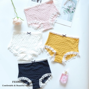加款女士中腰提花纯棉内裤蕾丝花边包臀无痕女生女式短裤M/L/XL