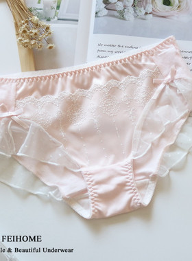 N487舒适女士中腰纯棉拼净版蕾丝荷叶网纱花边女生内裤 M/L/XL