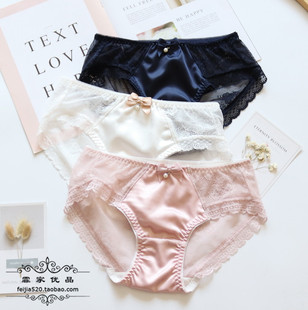 加款舒适女士中低腰缎布拼蕾丝内裤性感女式短裤无痕女生M/L/XL
