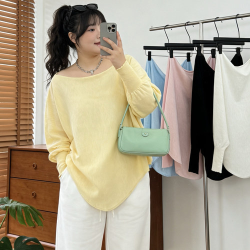 今喜加衣~大码女装2026新款宽松设计感蝙蝠衫上衣胖mm时尚针织衫