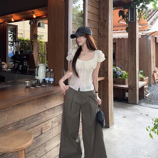 工装 上衣绿棕色经典 裤 休闲长裤 今喜加衣 套装 设计感拼接泡泡袖