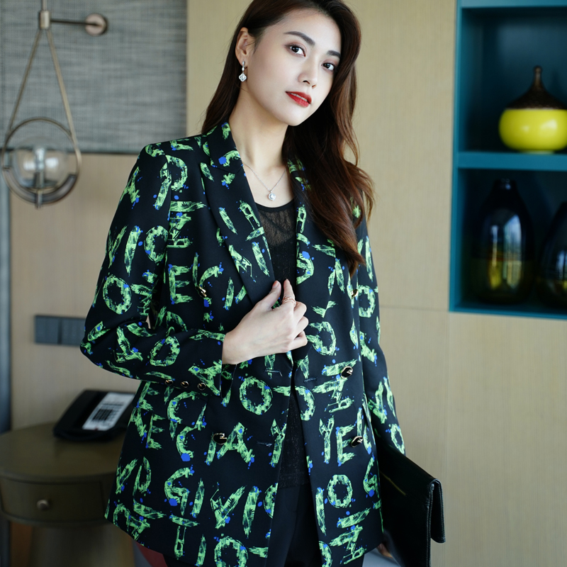 柏媛雅致秋款复古印花长袖西装上衣女高级气质设计感小众西服外套