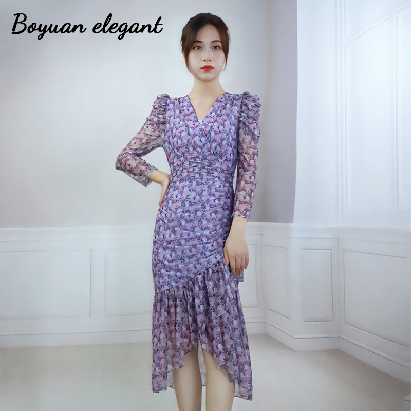 紫色法式御姐茶歇桔梗碎花连衣裙