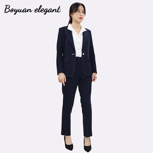 柏媛雅致藏蓝色职业西装套装女面试正装高级感大码修身通勤三件套