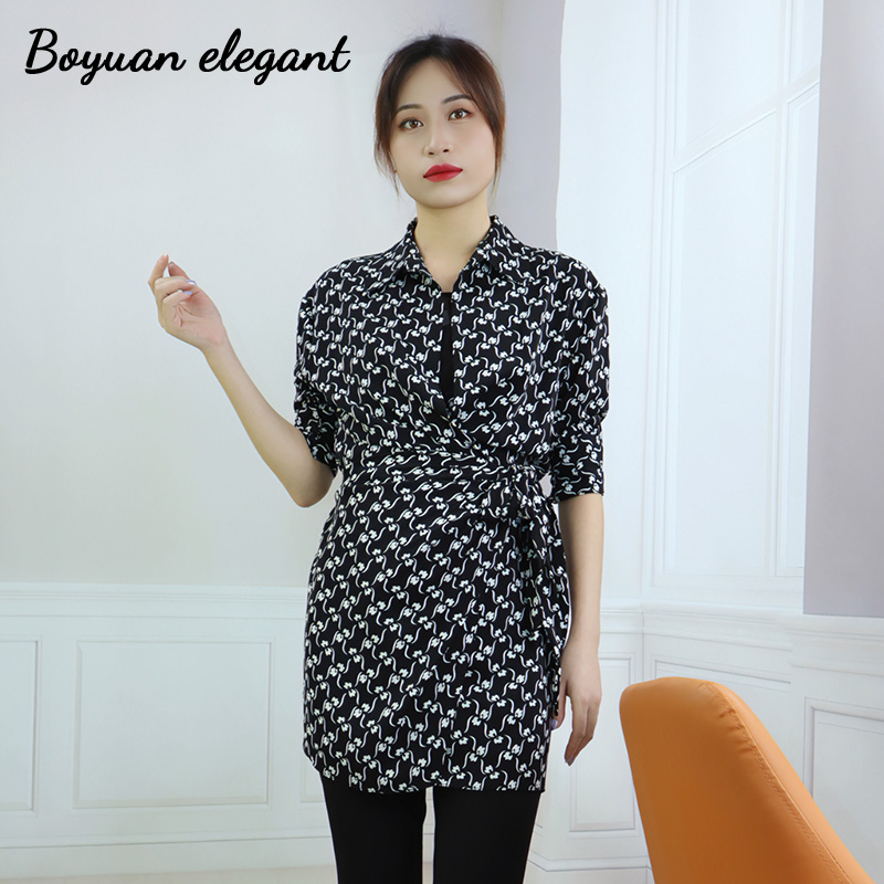 黑白印花系带缎面衬衫女高级感