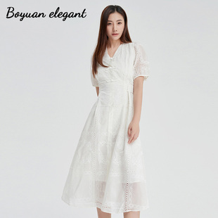 柏媛莱赛尔天丝钩花镂空碎花连衣裙女2026夏复古气质V领收腰A字裙
