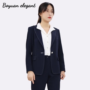 柏媛雅致藏蓝色单件西装外套女垫肩设计感气质名媛高级感修身上衣