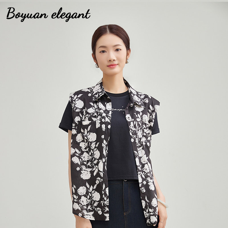 柏媛法式气质高级感黑白碎花马甲女2026夏翻领设计感无袖外套上衣