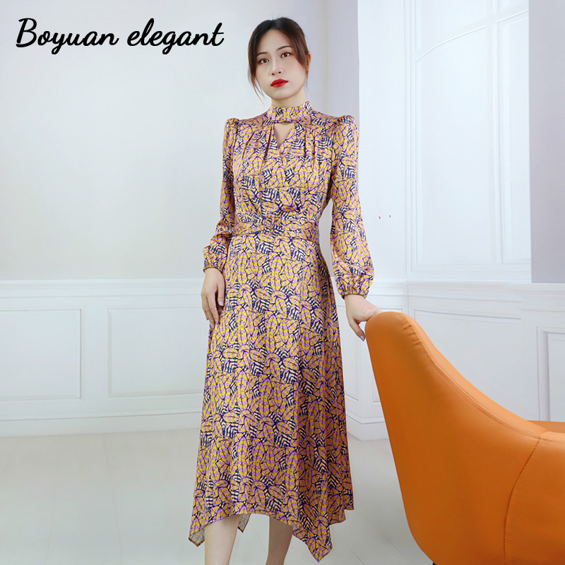 缎面时尚镂空印花显瘦连衣裙女