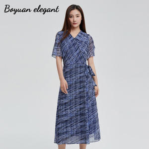 柏媛蓝色复古条纹优雅气质通勤连衣裙女夏新款高级感系带显瘦长裙