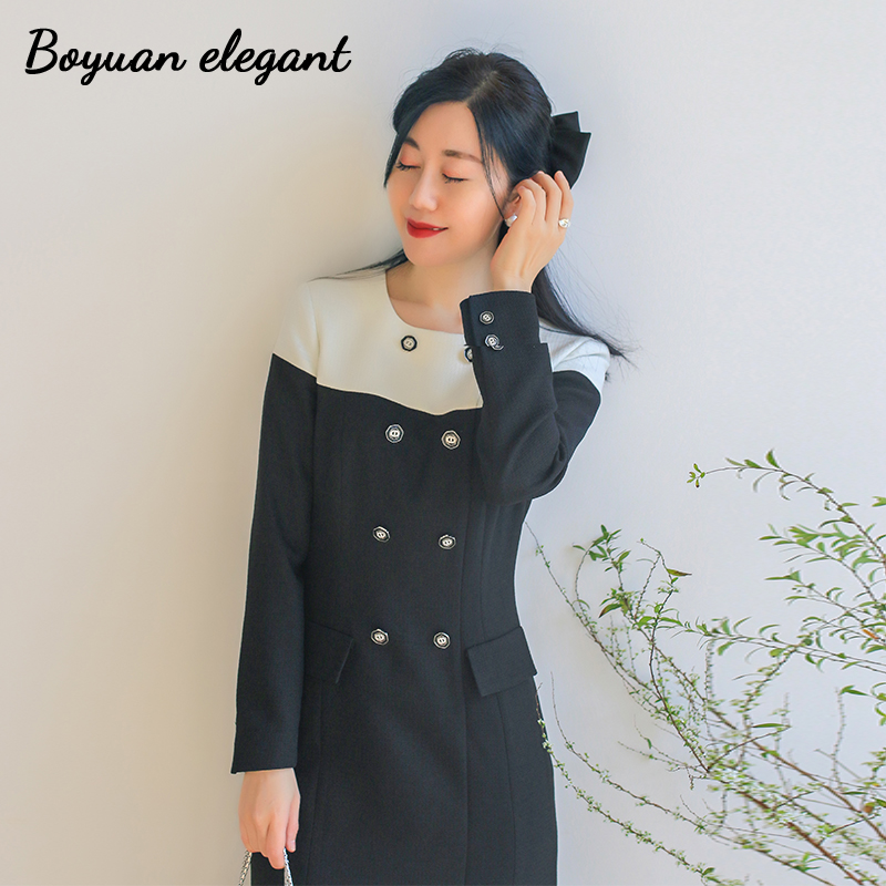 黑白拼色修身高级感连衣裙