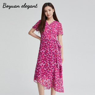 柏媛法式碎花V领茶歇连衣裙女玫红色复古气质收腰显瘦短袖时尚a裙