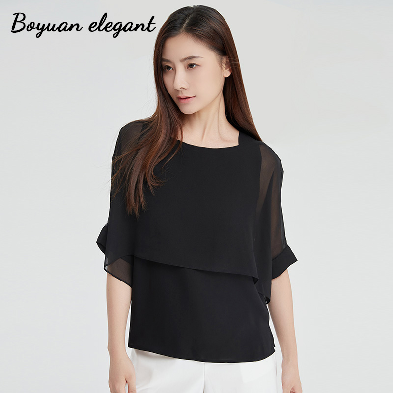 黑色网纱微透上衣女士夏五分短袖