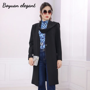 柏媛黑色气质通勤风衣外套女新款飘带设计感收腰修身显瘦中长大衣