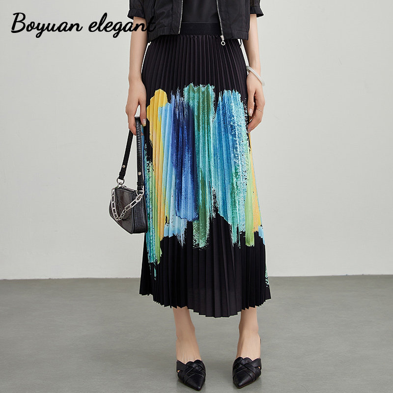 柏媛复古时尚艺术水墨画百褶半身裙女优雅气质宽松显瘦印花长裙子