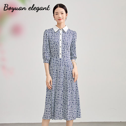 法式复古系带撞色印花连衣裙女