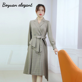 柏媛高级复古格纹不对称风琴褶千鸟格长裙女神长袖西装职业连衣裙