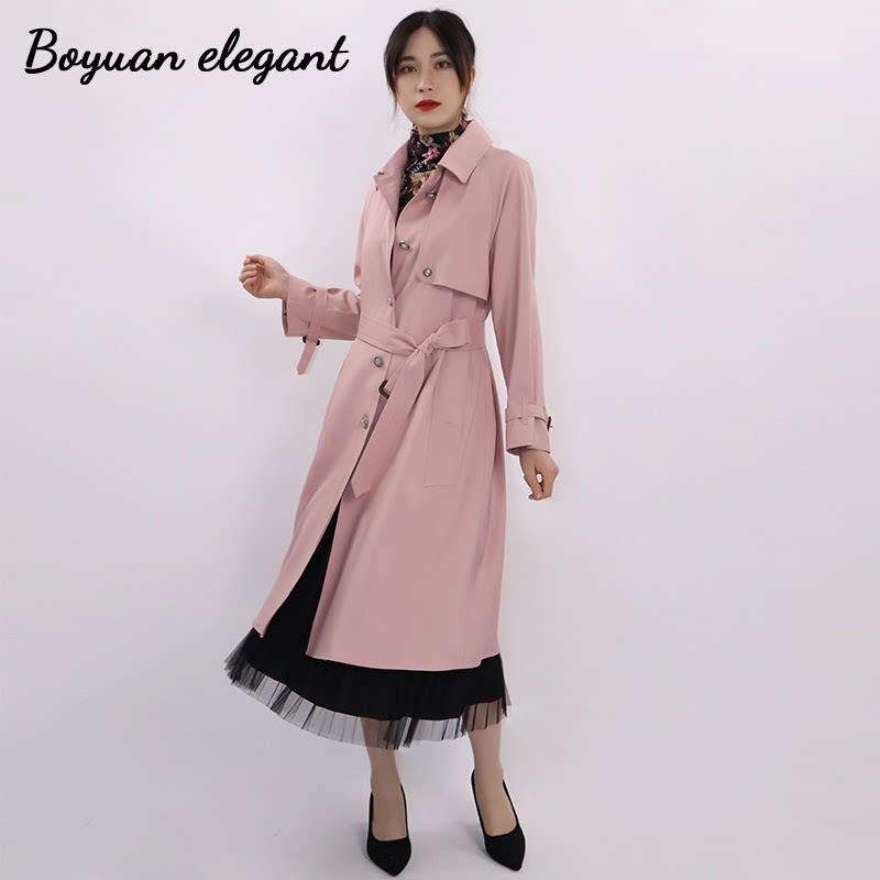 柏媛粉色风衣外套女2026气质高级感垂感中长款过膝显瘦英伦风大衣