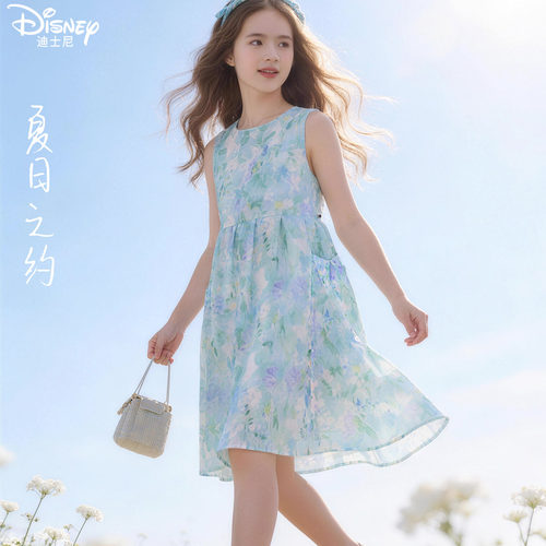 迪士尼女童连衣裙夏季新款儿童纯棉裙子洋气大童青少年碎花公主裙