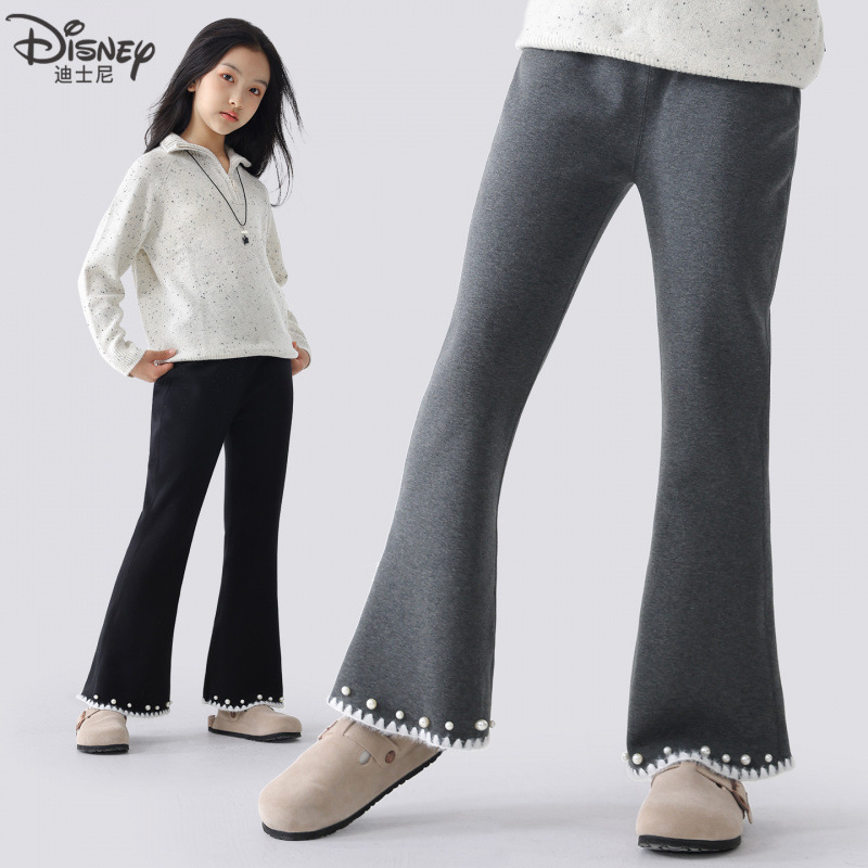 迪士尼女童裤子新款儿童喇叭裤秋冬加绒运动休闲裤中大童洋气童装