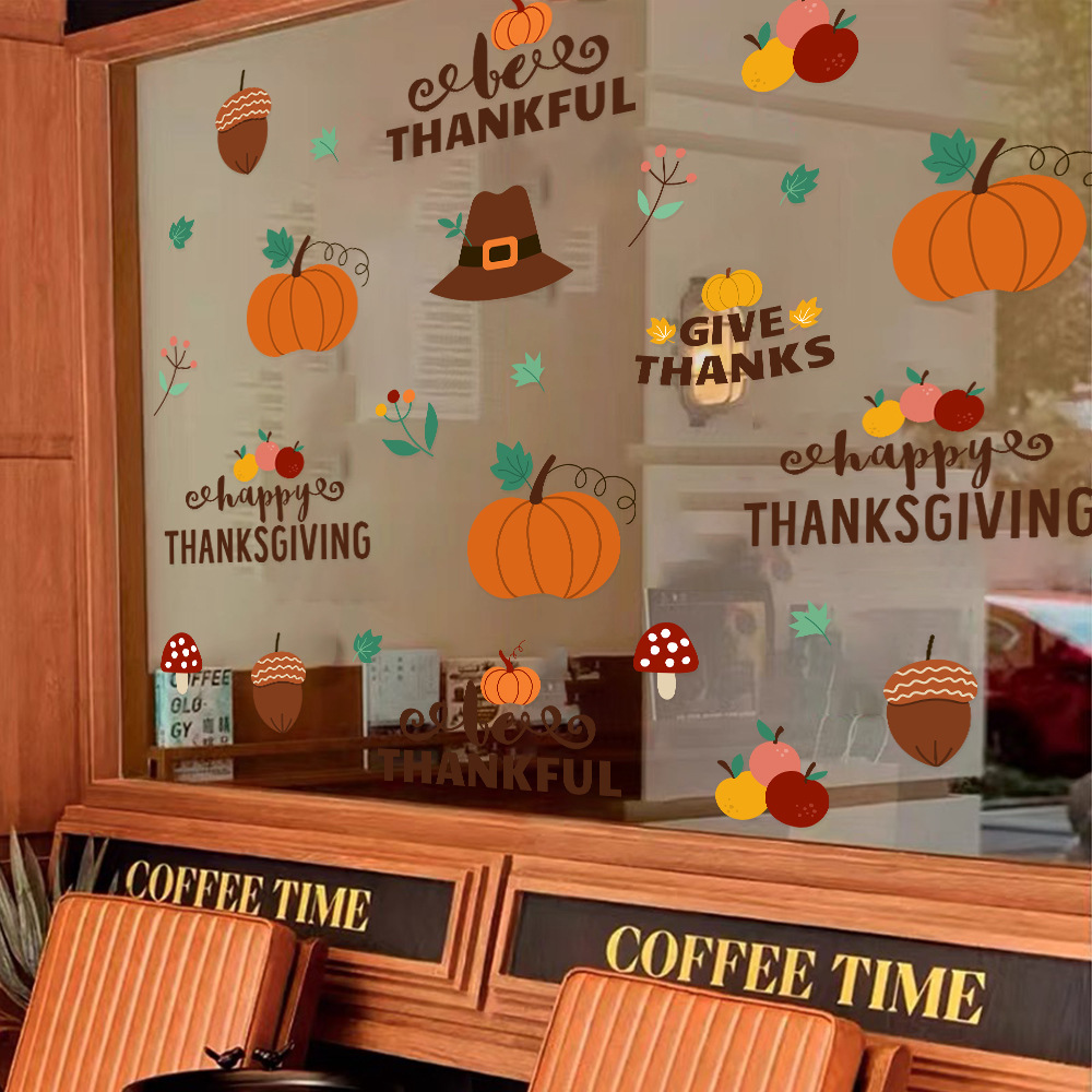 感恩节装饰布置玻璃门贴纸枫叶