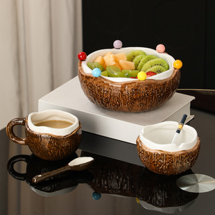 椰子果叉盘椰壳设计客厅甜品零食陶瓷水果盘带不锈钢叉子乔迁送礼