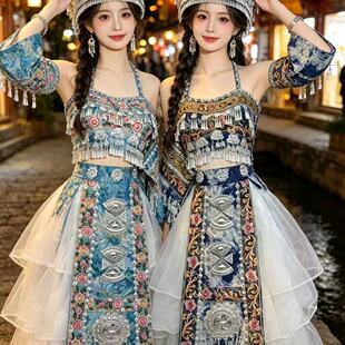 新款苗族服装女少数民族土家族苗族高端侗族白色婚礼服演出服摄影