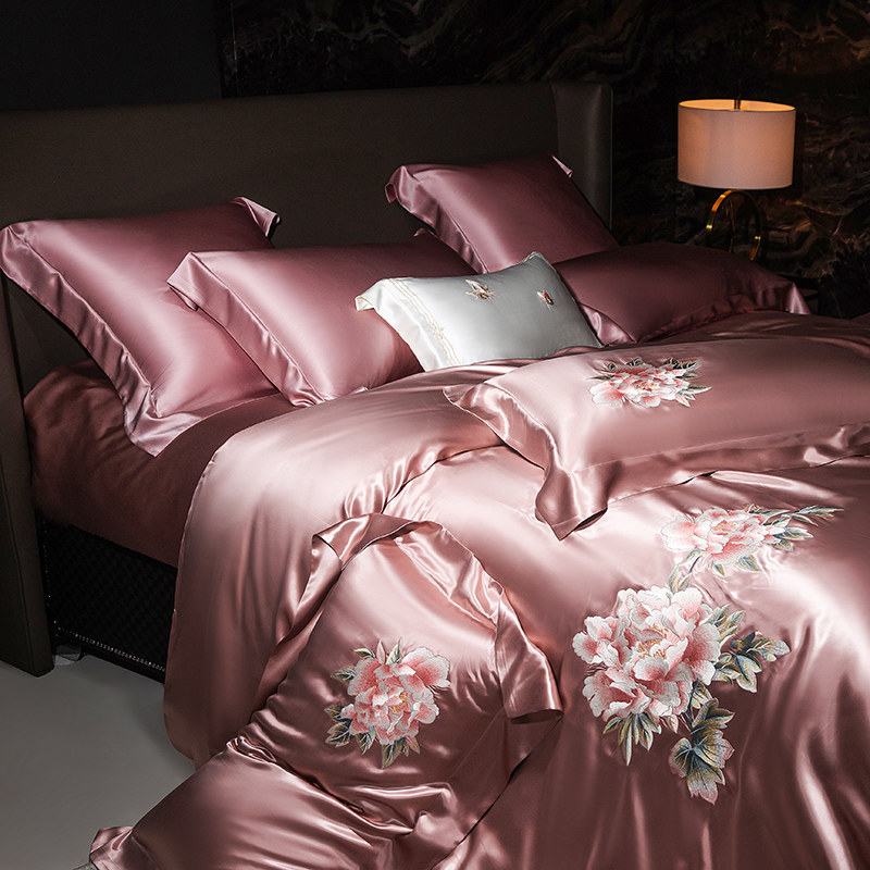 高端刺绣真丝四件套100%重磅桑蚕丝床单被套奢华丝绸床上用品套件