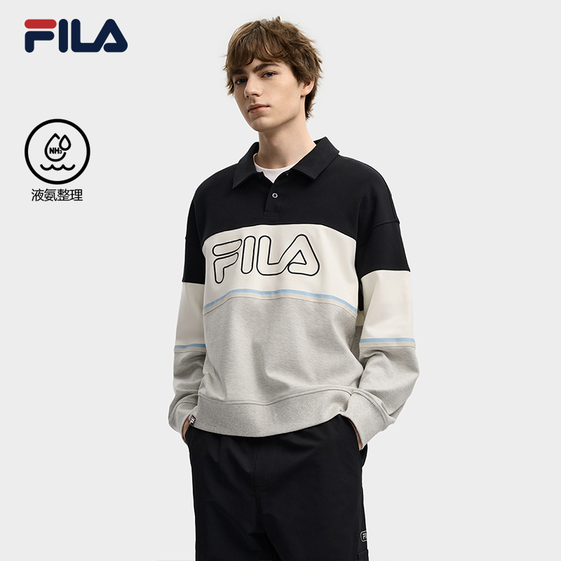 FILA 斐乐官方男子针织长袖POLO衫2025冬季新款休闲拼色纯棉上衣