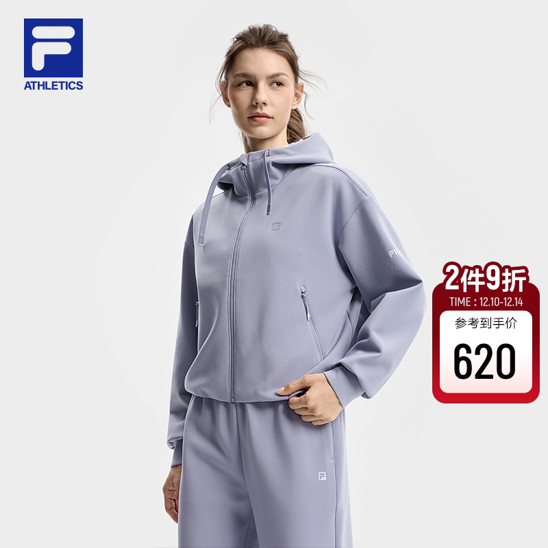 FILA 斐乐官方女士针织连帽外套2025冬新款健身运动简约宽松上衣
