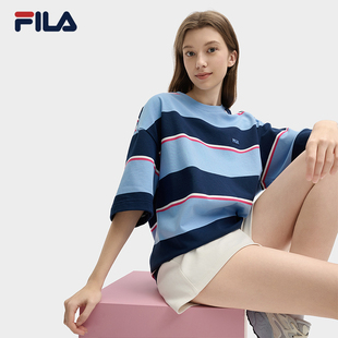 斐乐官方情侣款 衫 FILA 针织短袖 休闲宽松条纹纯棉T恤 2025夏季 新款